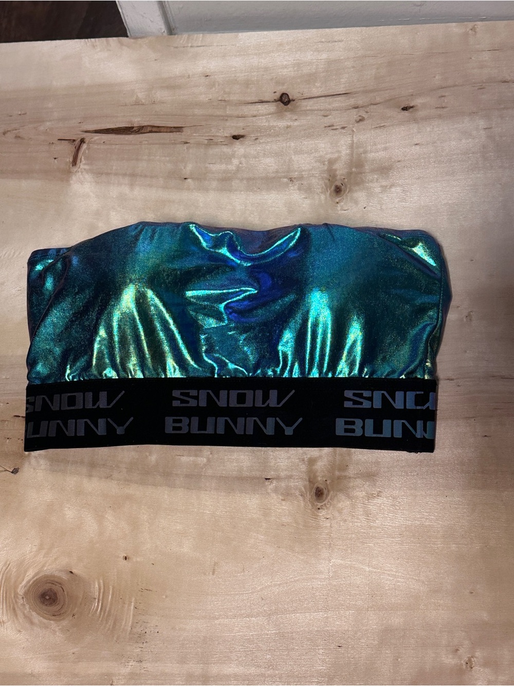 NWT “Snow Bunny” Iridescent Teal Strapless Bandeau Crop Top